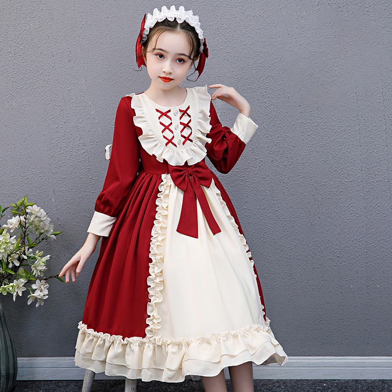 Đầm Công Chúa Dáng Dài Phối Lưới Kẻ Sọc Kiểu Lolita Dễ Thương Cho Bé Gái