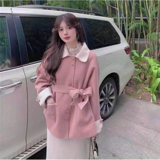 Áo dạ hồng kèm đai cổ sen siêu dễ thương