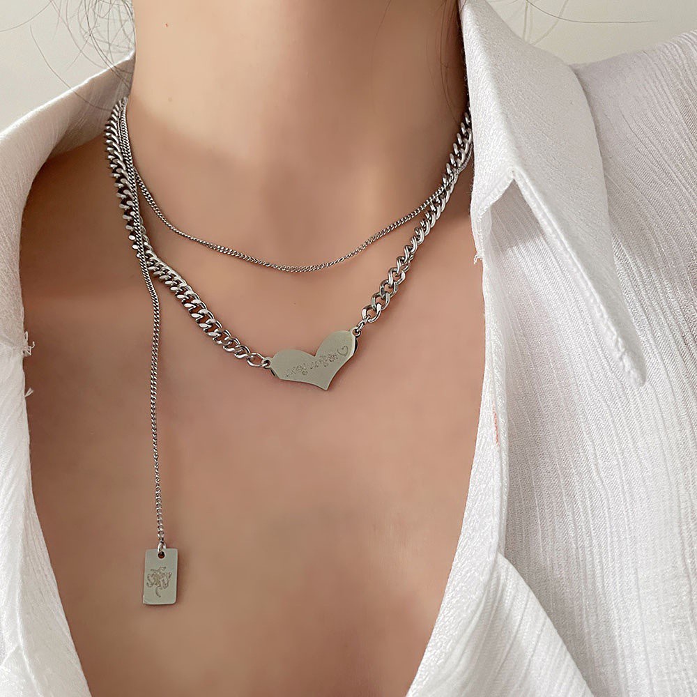 vòng cổ Hai Lớp Mặt Trái Tim Khắc Chữ Đơn Giản Cho Nữ