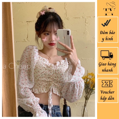 Áo Croptop trễ vai hoa nhí xinh xinh rút dây giữa tay - Mã: 492 - TV - Fashion