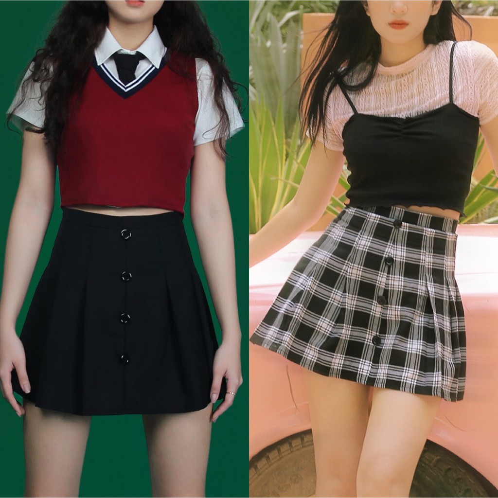 DALLA Chân váy xếp ly tennis sọc caro phối khuy DALLA SAIGON