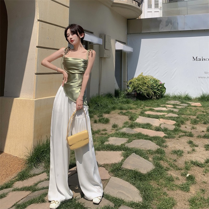 Set Áo Lụa Hai Dây Kèm Quần Tây Cạp Cao Hàn Quốc Áo Yếm Vạt Chéo Nữ Quần Trắng Suông Ống Rộng Ullzang Rẻ Đẹp VFSSAQ2742