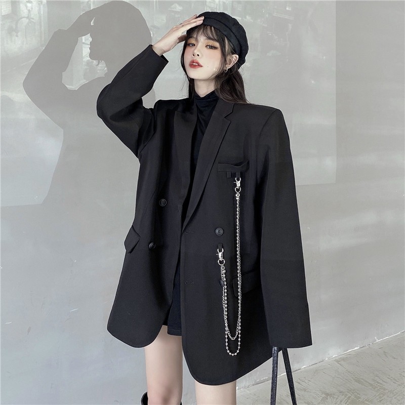Áo Vest Blazer Thiết Kế Phong Cách Hàn Quốc Cá Tính Màu Đen Kèm Dây Xích | BigBuy360 - bigbuy360.vn