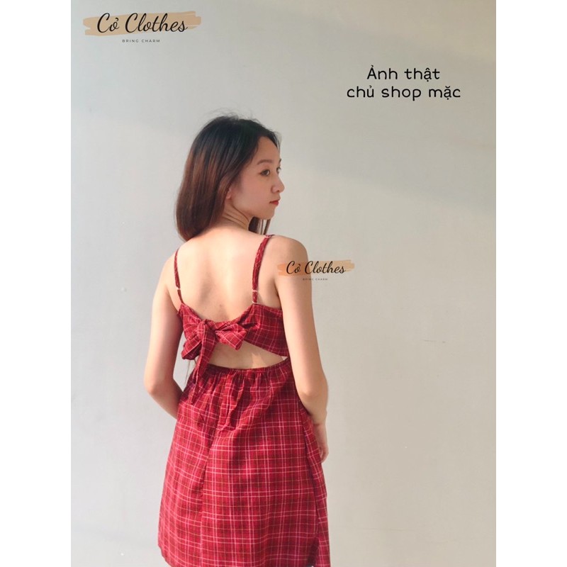 Váy 2 dây kẻ nơ lưng phong cách Ulzzang - Đầm dáng xoè 2 dây lẻ đỏ caro