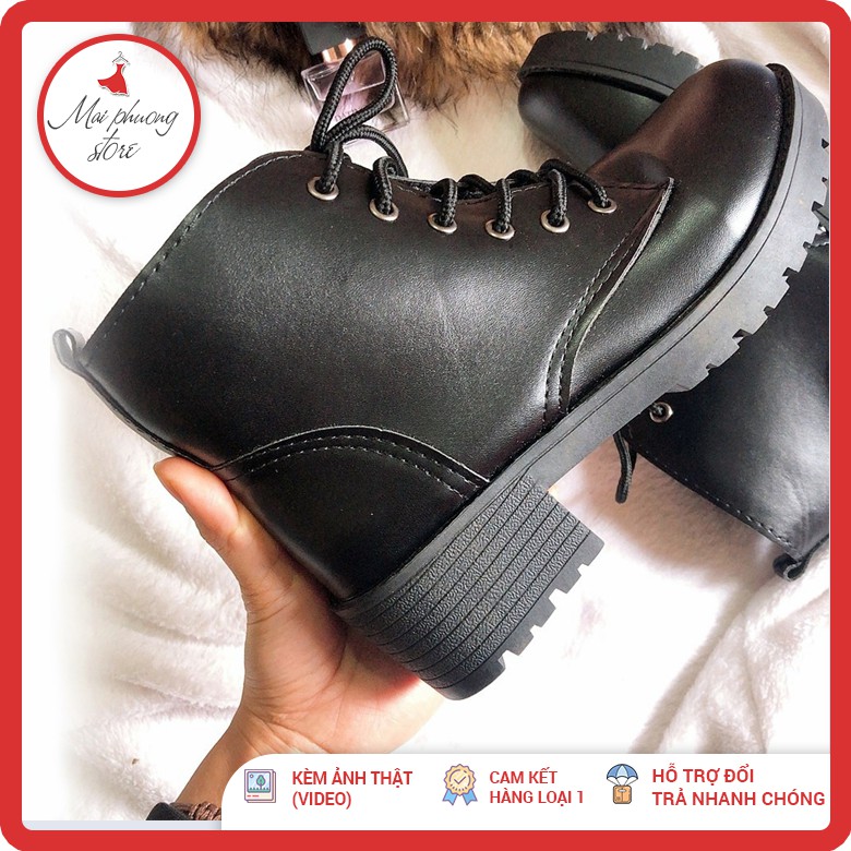 Giày nữ bốt (boot) da màu đen buộc dây
