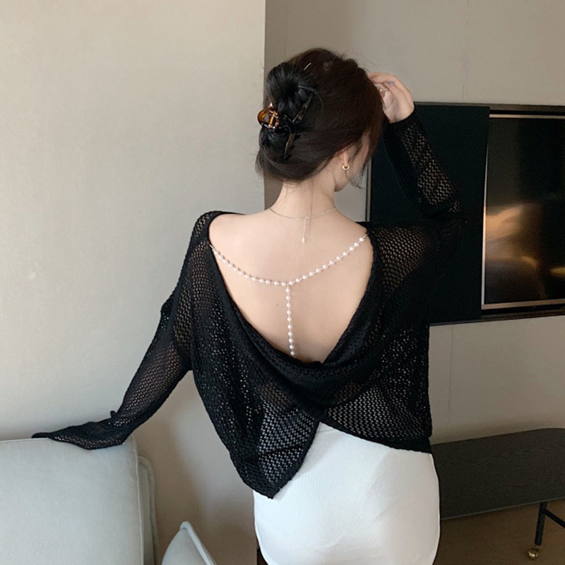 Áo Chống Nắng Dáng Rộng Màu Sắc Đơn Giản Đính Hạt Lỗ Đan Chéo Dành Cho Nữ