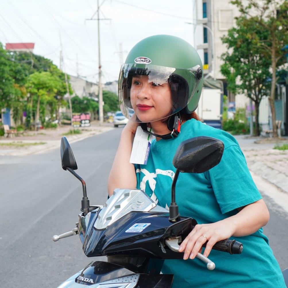 Mũ Bảo Hiểm 3/4 đầu GRO Helmet T818 có kính dài che cả mặt, kiểu dáng thời trang cho nữ, khóa kim loại - Xanh Lục Quân