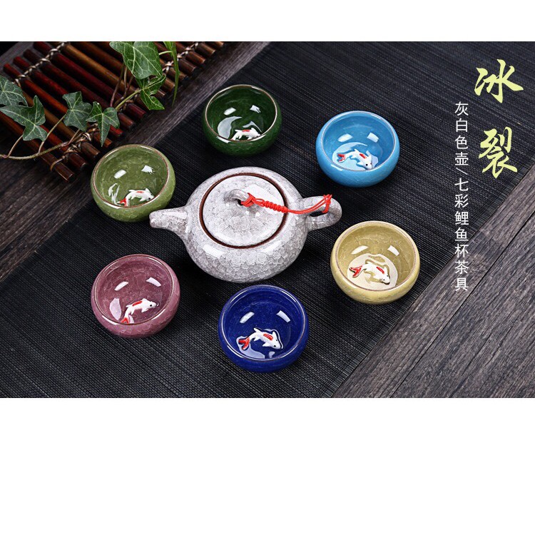Bộ ấm chén uống trà in cá 3D tráng men
