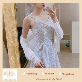 Đầm hai dây sẻ tà đuôi cá / áo cardigan ren mỏng ht013