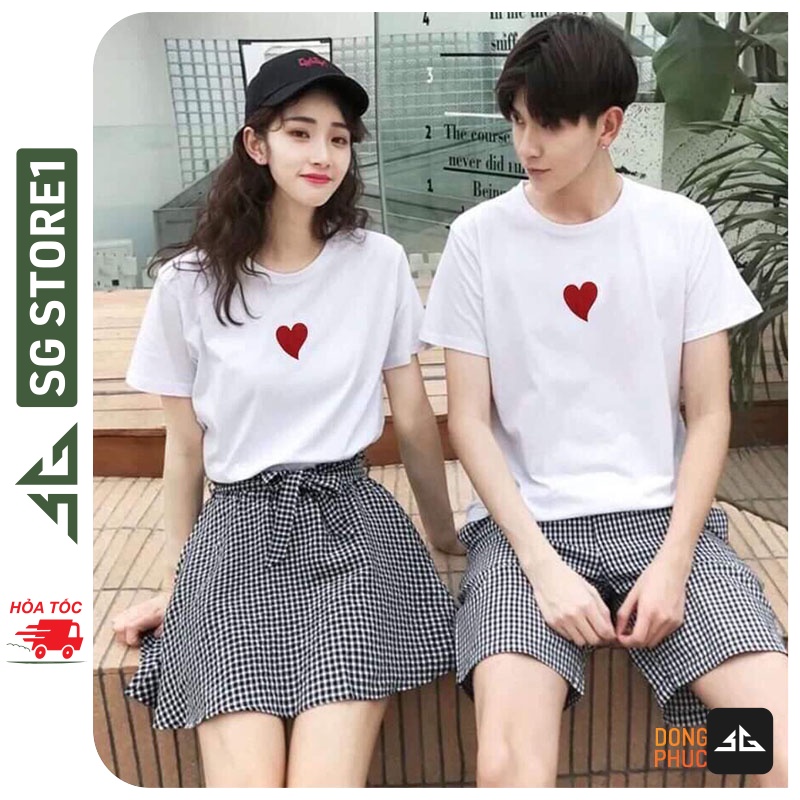Áo thun cặp đôi nam nữ phông unisex cổ tròn tay ngắn mẫu trái tim thun cotton mềm mịn AC105T