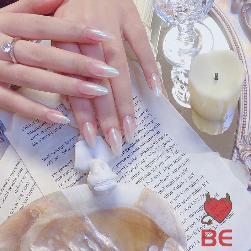 YADORNOS 24 móng tay giả dài nhọn màu ombre ngọc trai hồng mặt bóng bằng acrylic