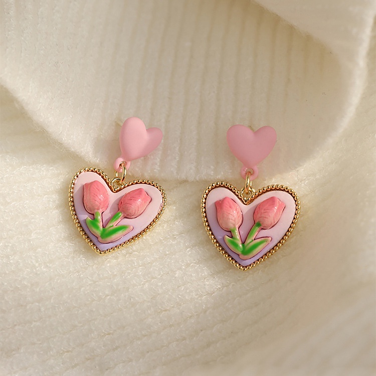 Khuyên Tai Mặt Hình Hoa Tulip Hồng Phong Cách Retro