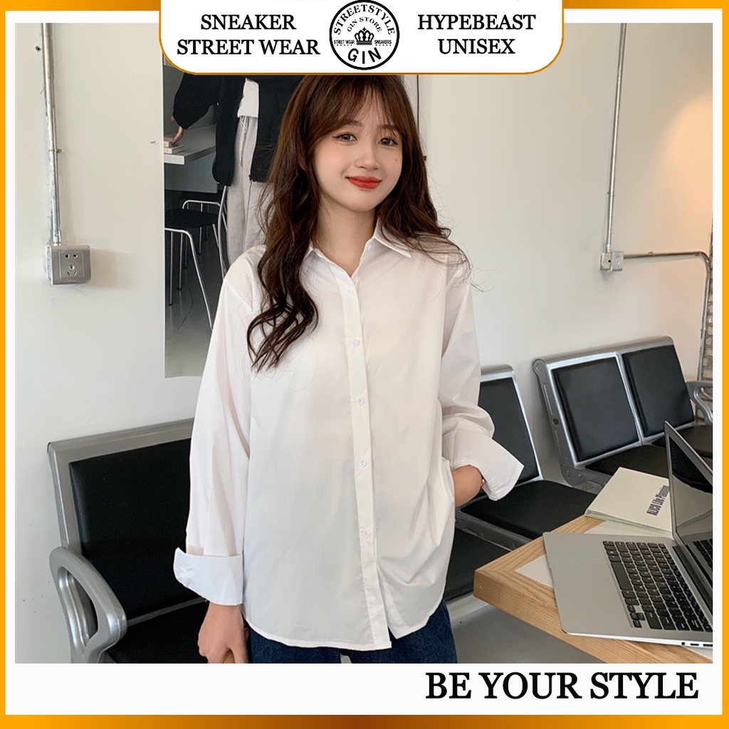 Áo sơ mi nam nữ dài tay Unisex Basic màu trắng và đen sơ mi lụa học sinh mịn mát form rộng suông - Gin Store