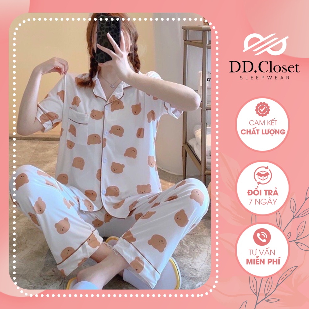 Bộ đồ ngủ pijama nữ cộc tay quần dài chất lụa Kate Thái mềm mịn màu trắng có viền hình đầu gấu nâu - CD0063