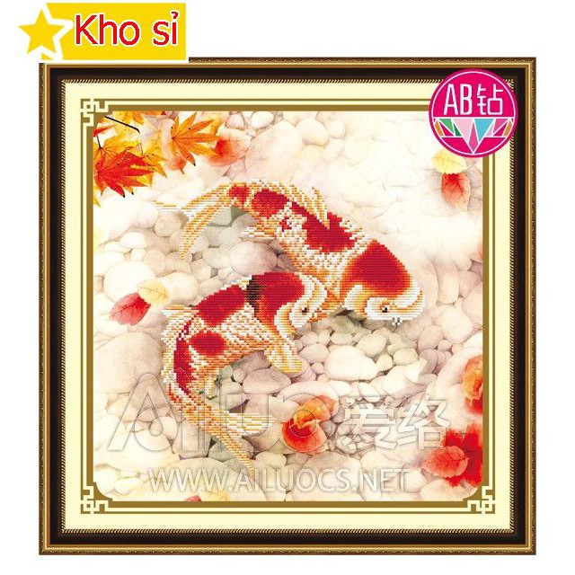 Tranh đá 3d phòng khách Song ngư cá koi may mắn 71256 (50x50cm) [KHO SỈ] Tranh chất lượng cao