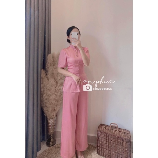 Bộ lam đi chùa lụa ngoc trai nữ, đồ bộ đi chùa 5 cúc dành cho nữ
