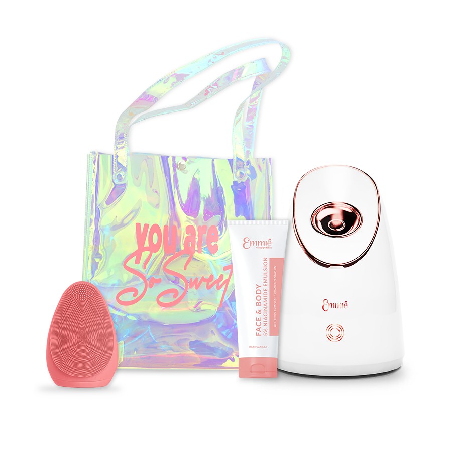 Combo Chăm Sóc Da Cho Mùa Lễ Hội Love Emmié: 1 Kem Dưỡng Trắng Da + 1 Máy Rửa Mặt + 1 Máy Xông Mặt + 1 Túi Hologram