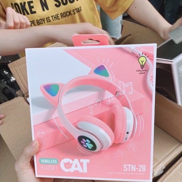 Tai Nghe Mèo Dễ Thương Kết Nối Bluetooth Headphone Chụp Tai Có Đèn Led 7 Màu Âm Bass Mạnh Mẽ - BẢO HÀNH 6 THÁNG