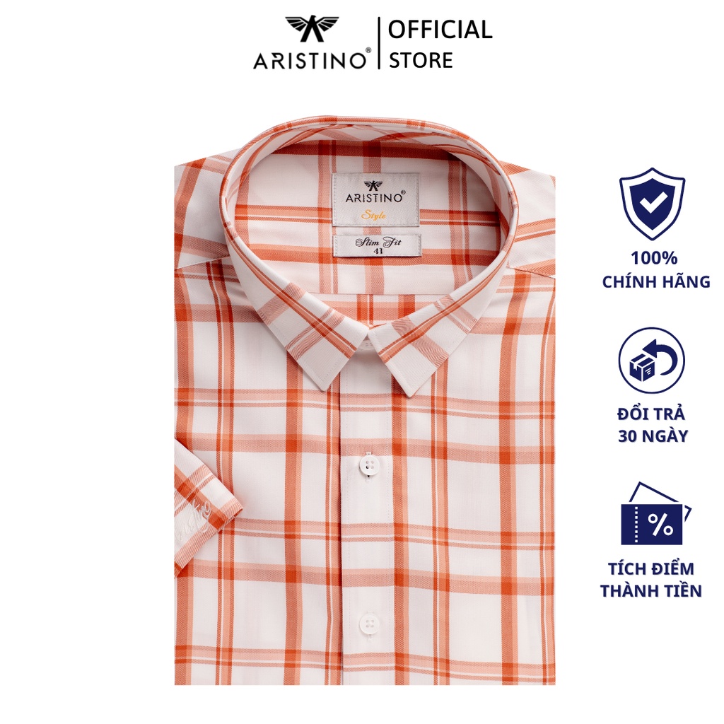 Áo sơ mi nam ngắn tay ARISTINO phom Slim fit, họa tiết kẻ ca rô cam nâu , chất liệu Modal thoáng mát - ASS238S9