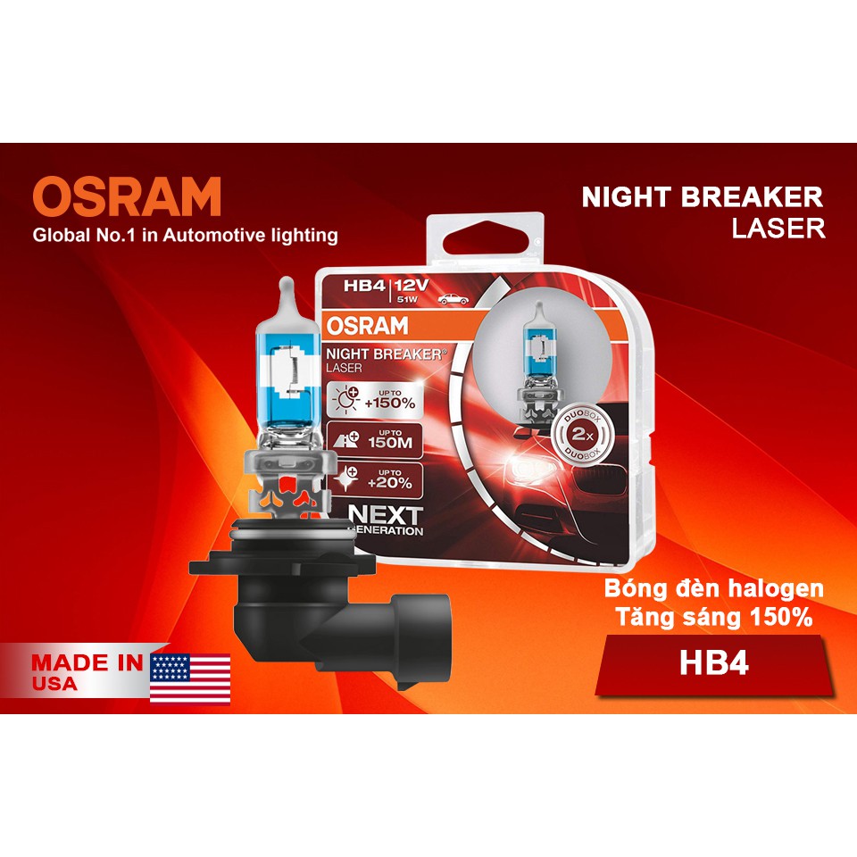 Combo 2 Bóng Đèn Halogen Tăng Sáng 150% OSRAM Night Breaker Laser HB4 12V 51W - Nhập Khẩu Chính Hãng