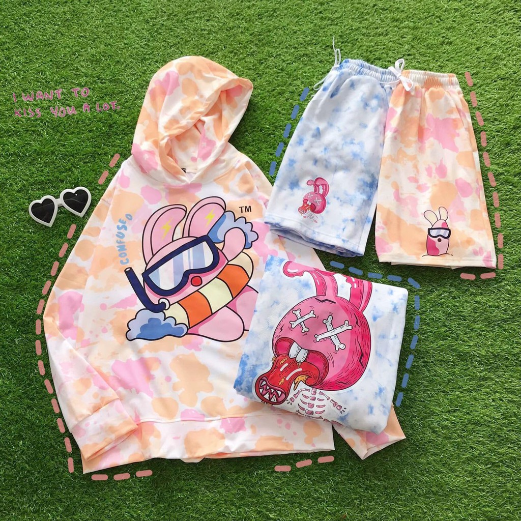 Set Áo Hoodie 3D In Hình Unisex Dáng Rộng Kèm Quần Short - Set Bộ Hoodie Loang Màu - MM