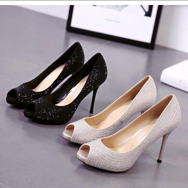 Giày Cao Gót Miệng Cá Đính Đá Màu Đen Phong Cách Âu Mỹ 2021