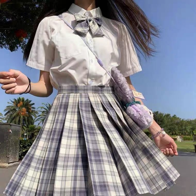 Bộ Đồng Phục Nữ Sinh Nhật Bản Chính Hãng jk Set Áo Sơ Mi Ngắn Váy Xếp Ly Sọc Ca Rô Phong Cách Preppy