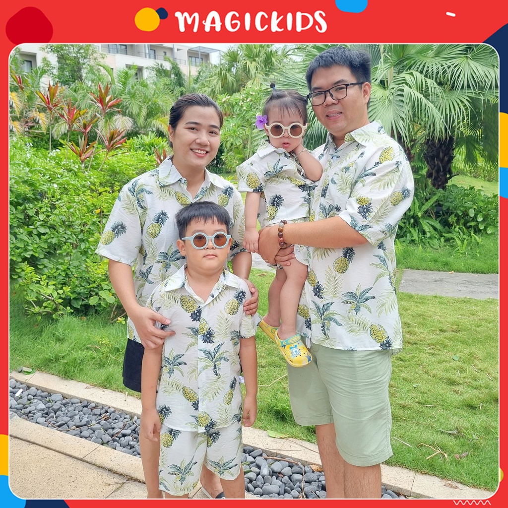 Áo sơ mi đi biển cho nam nữ MAGICKIDS đồng phục đi biển gia đình chất tơ đũi thoáng mát họa tiết hoa lá AO22034