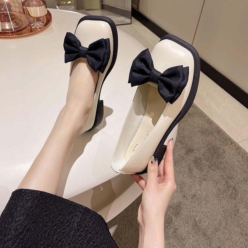 Giày Da Mũi Vuông Đính Nơ Phong Cách Anh Quốc Thời Trang 2022 Dành Cho Nữ