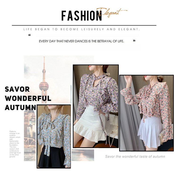 Áo sơ mi voan tay dài thắt nơ in họa tiết hoa thời trang mùa thu cho nữ