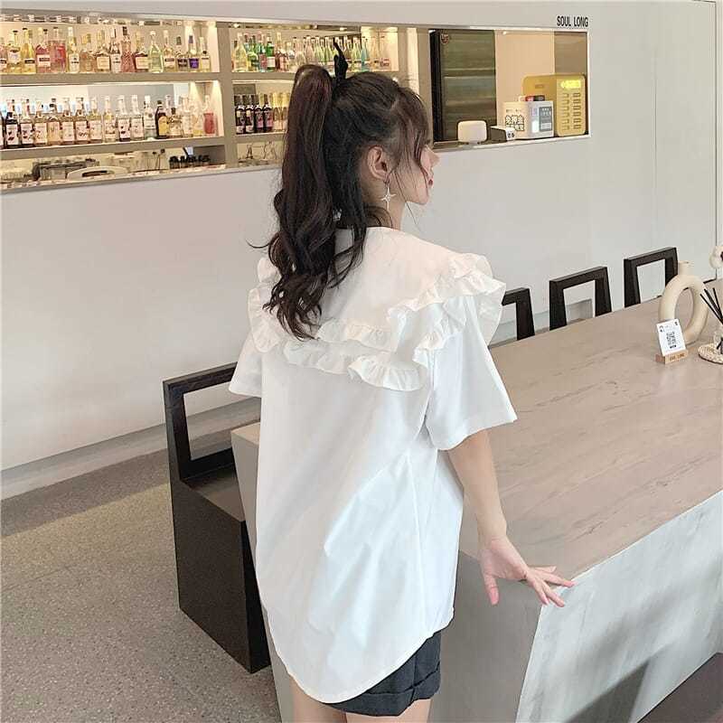 Áo sơ mi babydoll tay ngắn dáng rộng màu trắng trơn phong cách Hàn Quốc thời trang