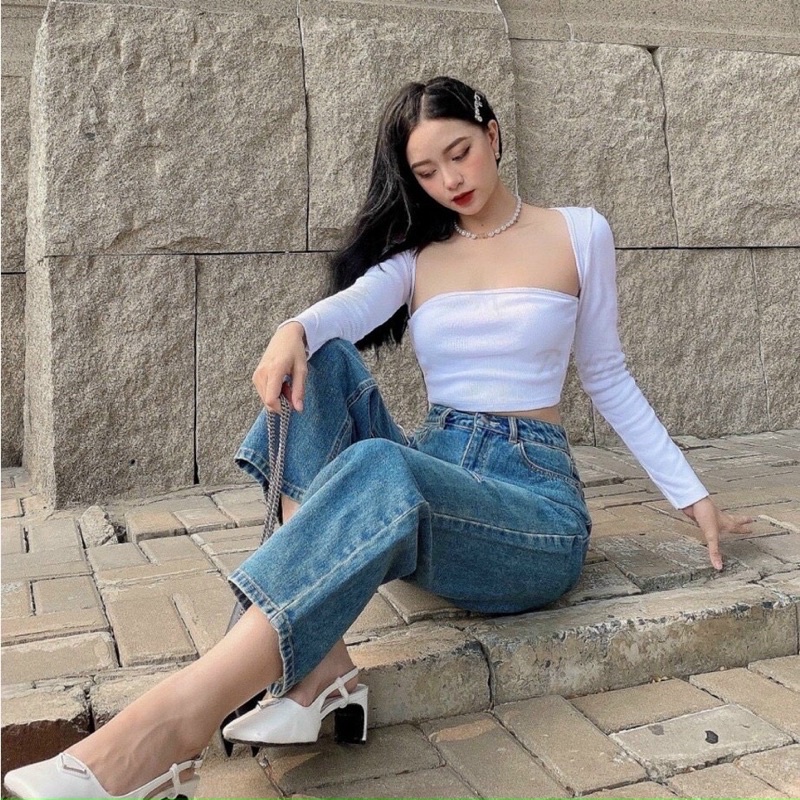 Áo CropTop Cổ Vuông Khoét Nách Tay Dài ( Kèm hình thật )