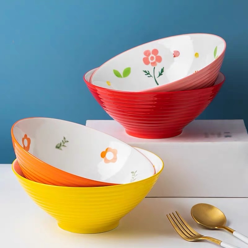 Tô phở mì tô canh sứ 20cm hình nón gân nổi màu xanh đỏ cam vàng hồng
