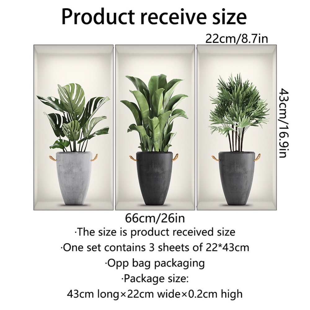 Bộ 3 Miếng Dán Tường Trang Trí In Hình Chậu Cây 3D 22*43cm