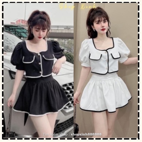 Set áo sơ mi tay bồng cổ vuông tiểu thơ, Set tiểu thư cổ v viền mí chân váy ngắn chữ a 2 lớp đồ bộ nữ