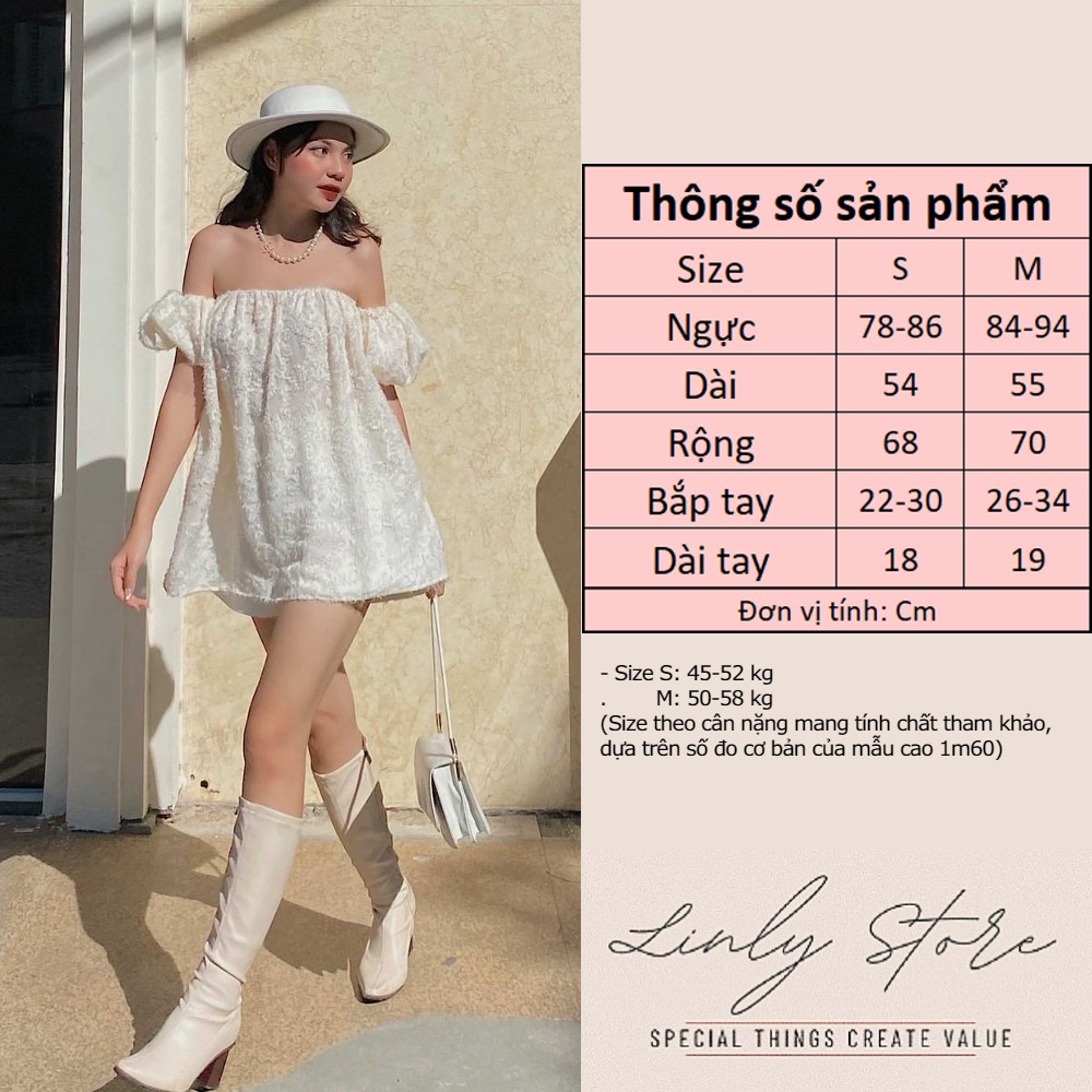 Set áo trễ vai tay bồng nữ chất tơ Linly Store hoa nổi tiểu thư