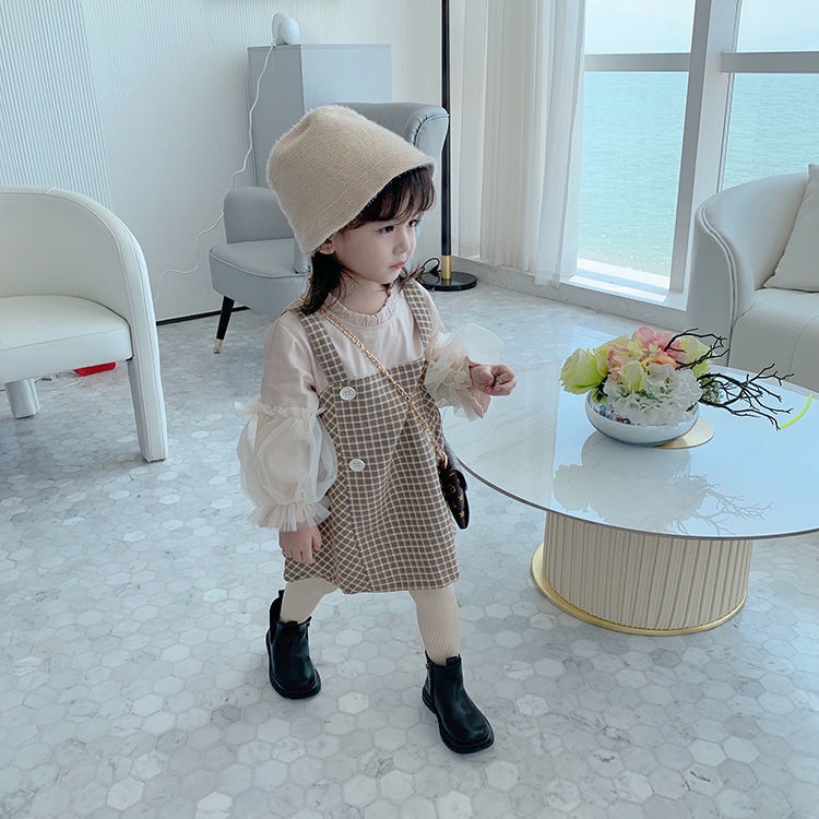 Đầm Công Chúa Giả Hai Mảnh Tay Dài Kẻ Sọc Caro Thời Trang Mùa Xuân Cho Bé Gái