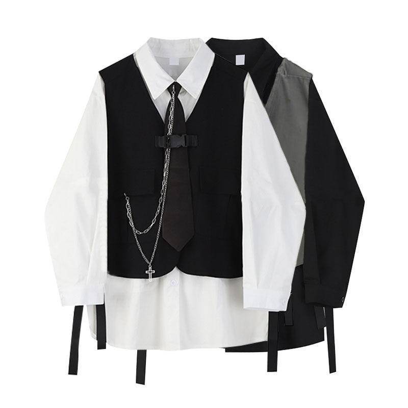 Áo sơ mi nam dài tay + áo vest vest đối xứng, bộ vest dáng rộng phong cách Hàn Quốc