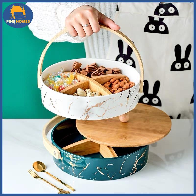 Khay Sứ Đựng Bánh Mứt Tết Vân Vàng Có Quai Cầm Phong Cách Hiện Đại