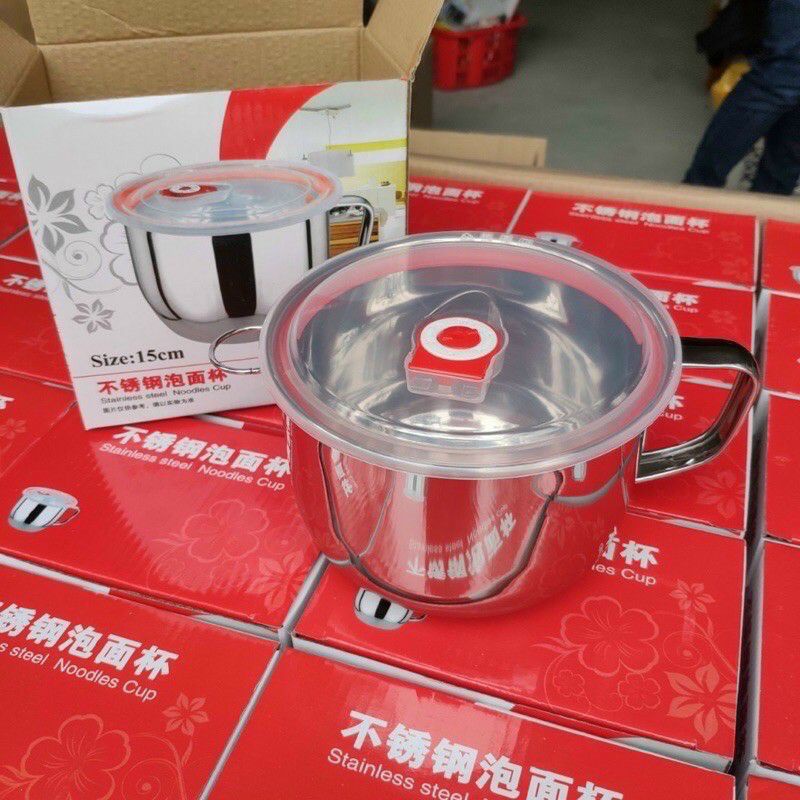 Ly inox tiện dụng dễ thương .ca mì sâu đáy có nắp đậy kín 14 cm 15cm