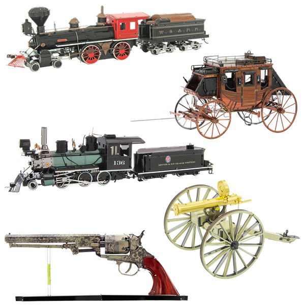 Mô Hình Kim Loại 3D Lắp Ráp Wild West Miền Viễn Tây Tàu Lửa 2-6-0, Revolver, Stage Coach