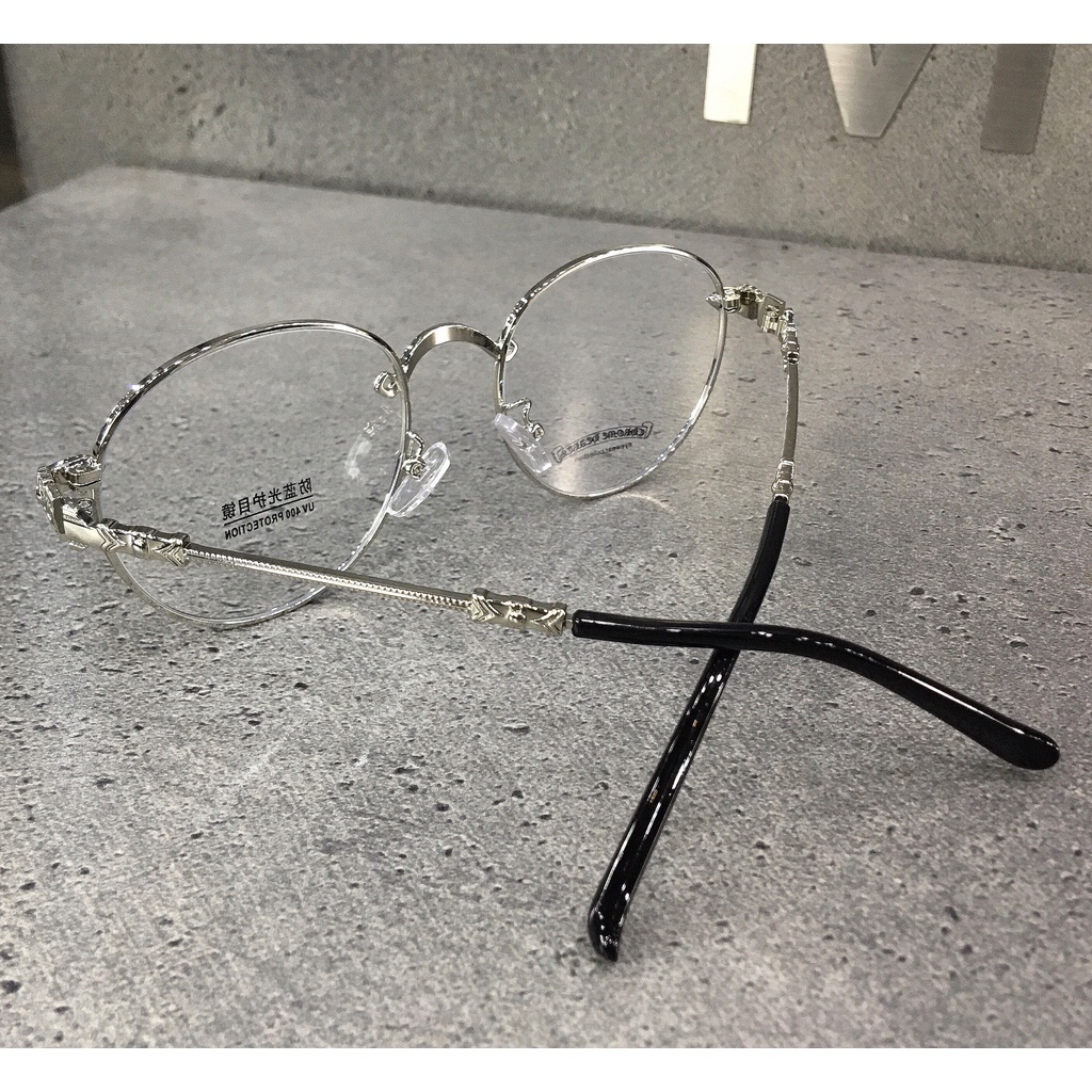 Gọng Kính CHROME HEARTS Oval Charm Nổi Hợp Kim Cao Cấp Đen Bạc Unisex