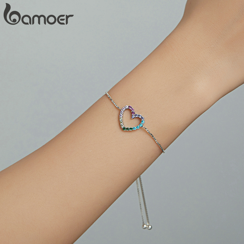 Vòng Tay Bamoer SCB216 100% Bạc 925 Với Mặt Dây Hình Trái Tim Màu Cầu Vồng Có Thể Điều Chỉnh Dành Cho Nữ
