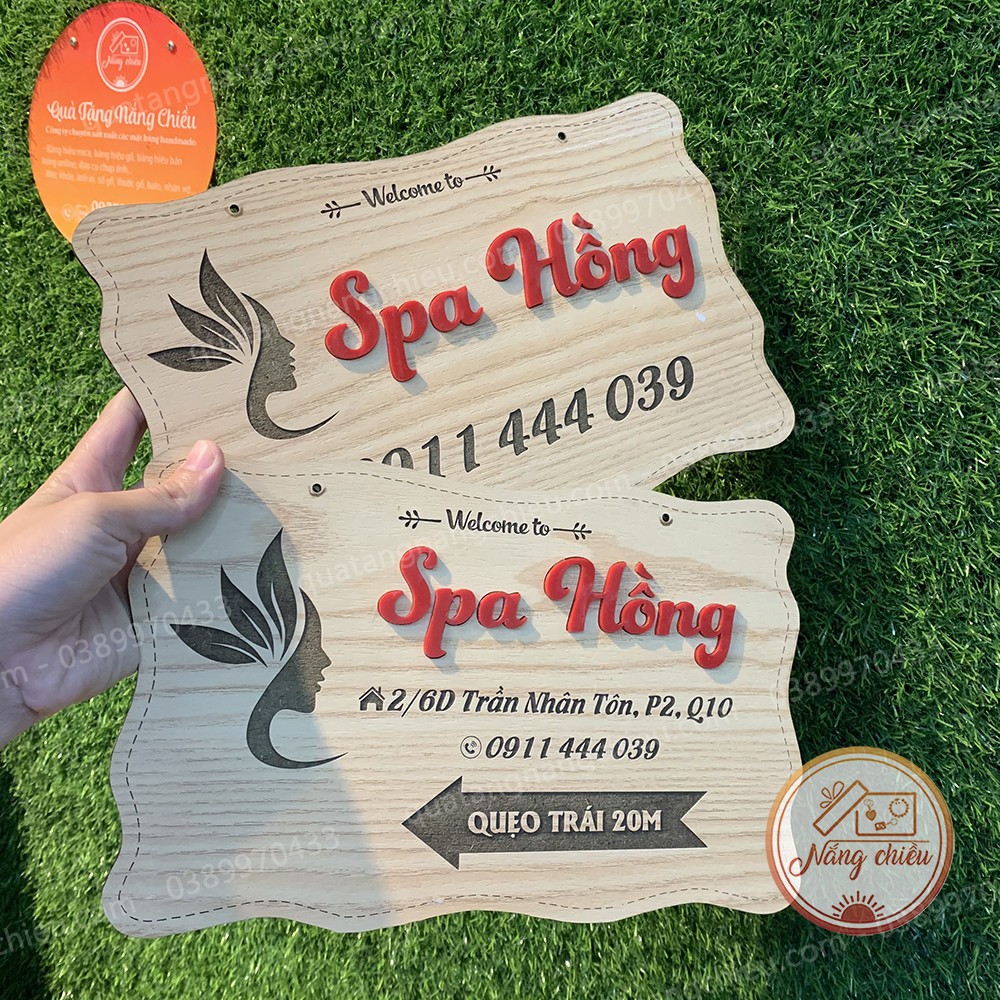 Bảng treo Spa, biển chỉ đường, biển gỗ cho tiệm spa, nail, thẩm mỹ viện, chất liệu gỗ tự nhiên, khắc tia laze