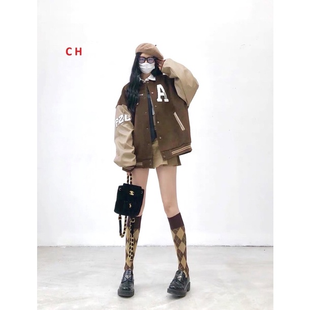 Áo khoác bomber jacket nam nữ phối Nâu Boin Chữ A  In Lucky, chất da cá dày siêu đẹp; Trend 2022