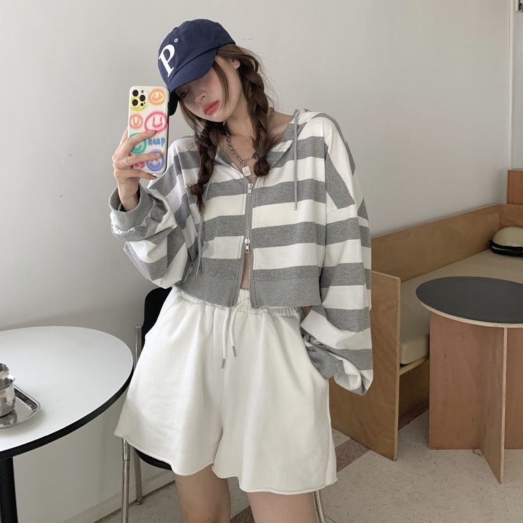 Áo Khoác Hoodie Dáng Rộng Kẻ Sọc Phối Khóa Kéo Đôi Thời Trang Hàn Quốc 2 Màu Tùy Chọn