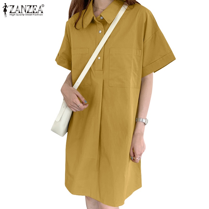 Váy mini ZANZEA dáng rộng cổ áo lật xuống có túi phía trước màu trơn cho nữ