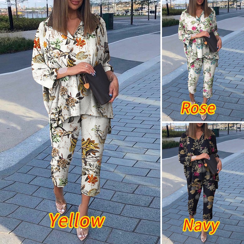 Set trang phục ZANZEA áo tay dài và quần dài in họa tiết hoa phong cách Châu Âu vintage dành cho nữ