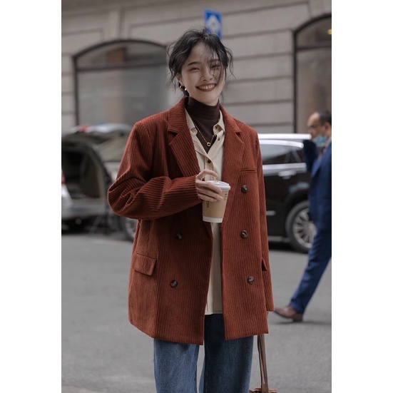 blazer nhung sợi 4 màu (ảnh thật ở cuối) sẵn cam đậm loại không chần bông sz XL