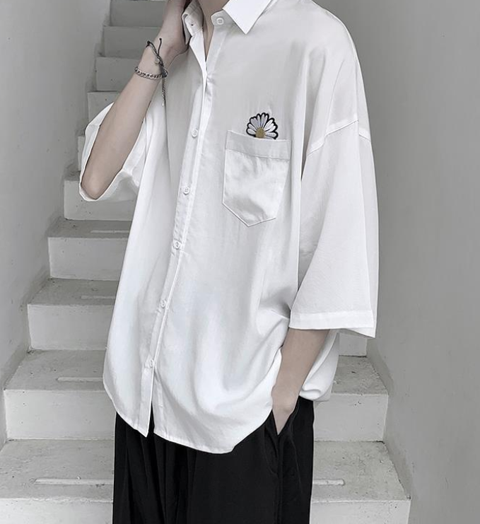 ♞AFF LIGA♞ Áo sơ mi nam ngắn tay thêu hình hoa cúc